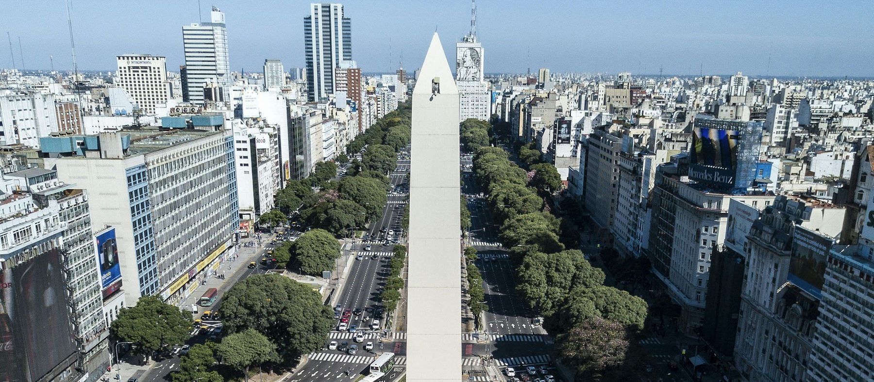 Aerial view of the Obelisco de Buenos Aires on 9 de Julio Avenue
